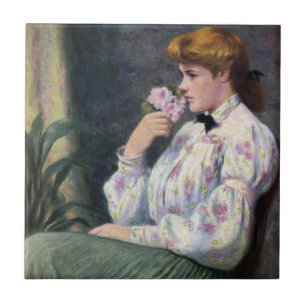 Young Woman melling Flower Fragrance (Reverie) Kakelplatta