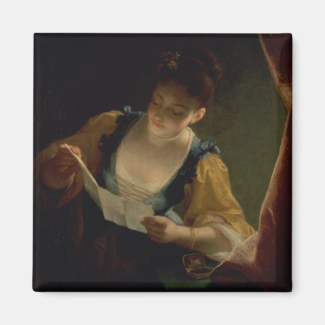 Young Woman Reading a Brev (olja på canvas) Magnet (Framsidan)