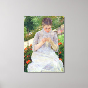 Young Woman Sewing i trädgården, 1880-82 Canvastryck