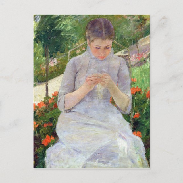 Young Woman Sewing i trädgården, 1880-82 Vykort (Framsida)