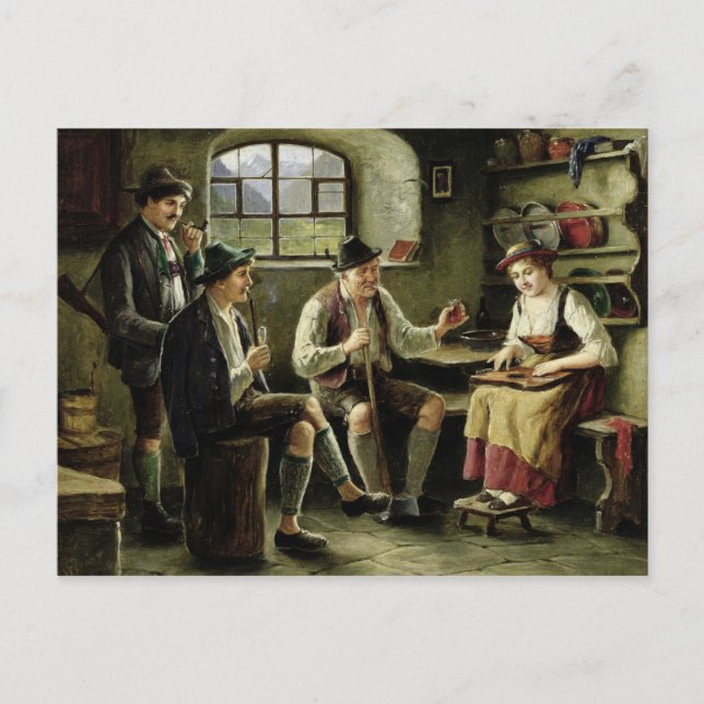 Young Woman spelar en Zither Vykort (Framsida)