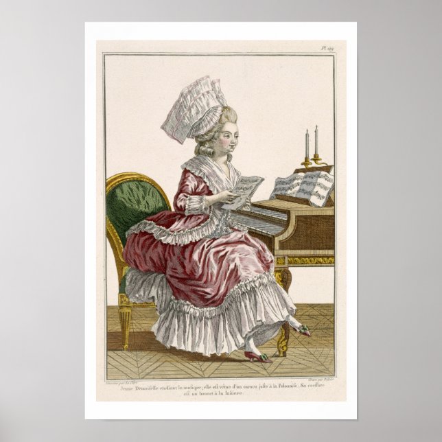 Young Woman Studi Music på Harpsichord, pla Poster (Framsidan)