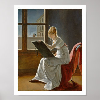 Young Woman Teckning bredvid a Window Poster