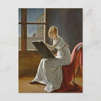 Young Woman Teckning bredvid a Window Vykort