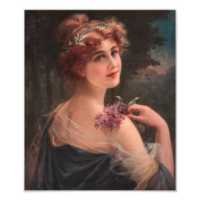 Young Woman with a Sprig Lilac by Emile Vernon Fototryck (Framsidan)
