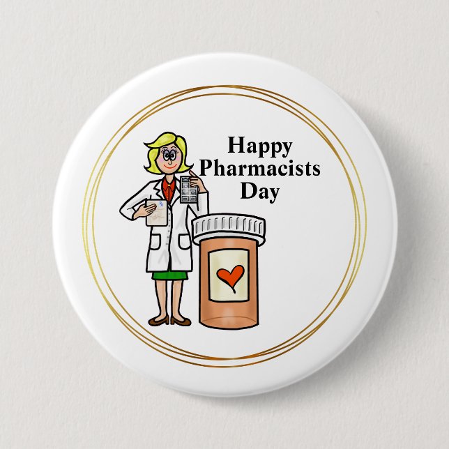 Younger Female Pharmacist Button Knapp (Framsida)