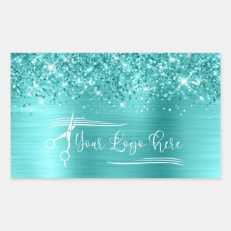 Your Logo Glittery Turquoise Blue Glam Rektangulärt Klistermärke