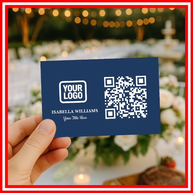 Your Logo Here Simple Modern Navy Blue QR Code Visitkort (Skapare uppladdad)