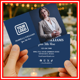 Your Logo Here Simple Modern Photo Navy Blue Visitkort