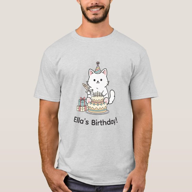 "Your name" Festive Birthday Cat with Cake Graphic T Shirt (Framsida)