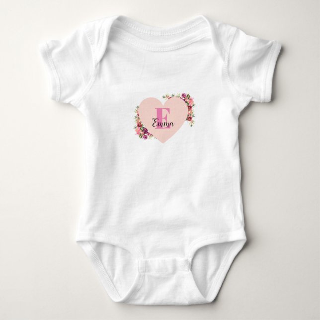 YOUR NAME/TEXT/ Pink Floral Monogram Bodysuit T Shirt (Framsida)