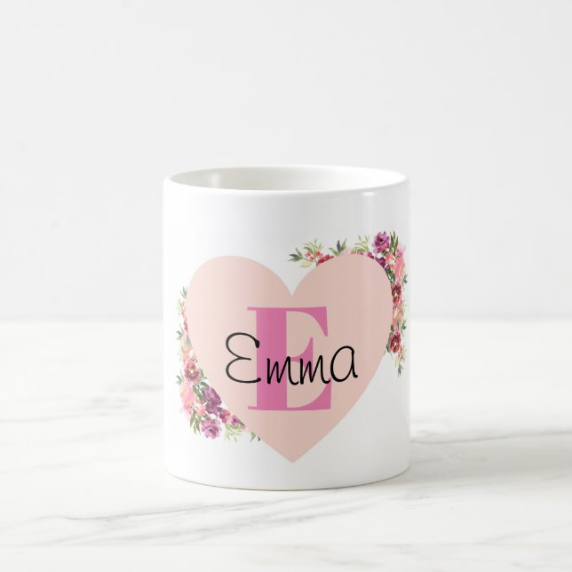 YOUR NAME/TEXT/ Pink Floral Monogram Kaffemugg (Center)