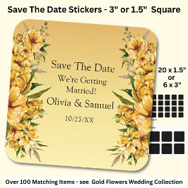 Your Names, Save The Date, Golden Yellow Flowers Fyrkantigt Klistermärke
