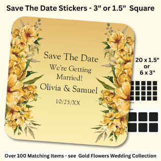 Your Names, Save The Date, Golden Yellow Flowers Fyrkantigt Klistermärke