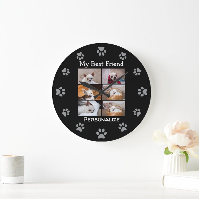 Your pet dog custom photo collage best friend name stor klocka (Hem)