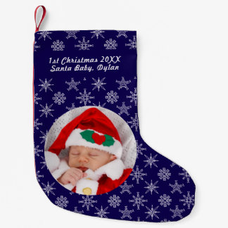 Your Photo Santa Baby Snowflake & Blue Background Liten Julstrumpa