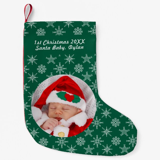 Your Photo Santa Baby Snowflake & Green Background Liten Julstrumpa (Framsidan)