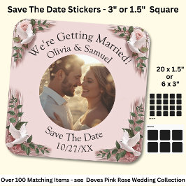 Your Photo, Save The Date, Pink Roses & Doves Fyrkantigt Klistermärke
