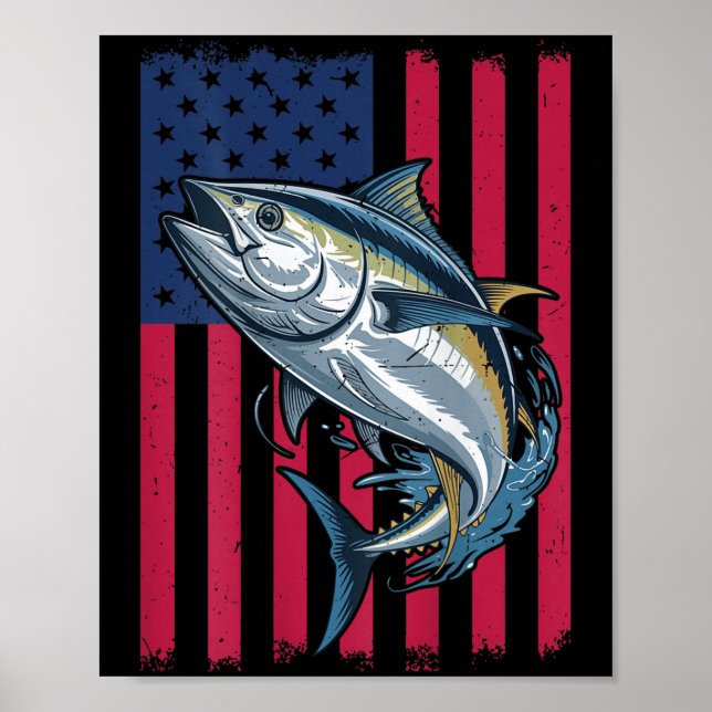 Youth Boys Deep Sea Fishing American Flag Bluefin  Poster (Framsidan)