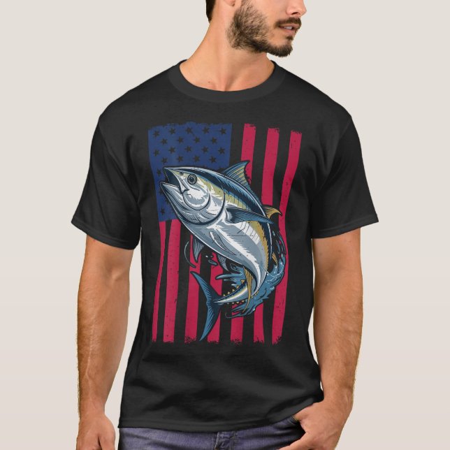 Youth Boys Deep Sea Fishing American Flag Bluefin  T Shirt (Framsida)