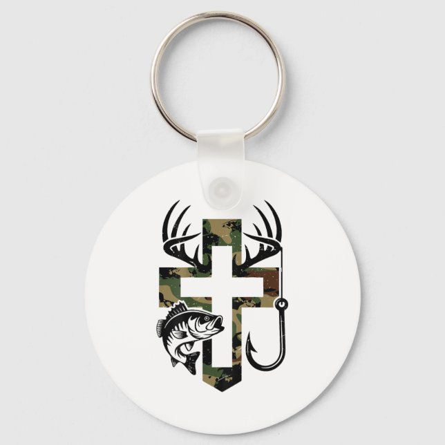 Youth Camo Faith Hunting Fishing Cross Hook Christ Nyckelring (Framsida)