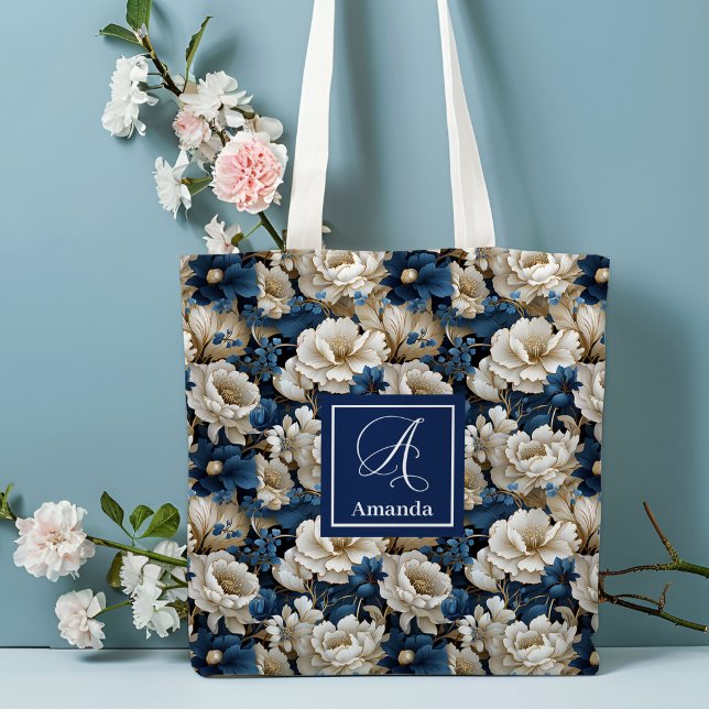 Yppig marinblå blommor anpassad namntotebag tygkasse (Opulent Navy Blue Flowers Custom Name Tote Bag)