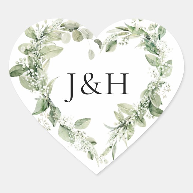 Yppiga vita blommor och grönska Monogram bröllop Hjärtformat Klistermärke (Framsida)