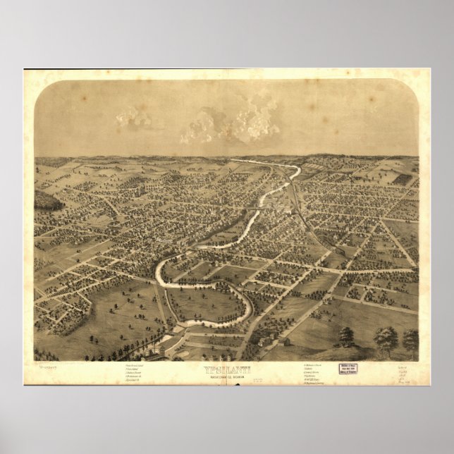 Ypsilanti Michigan 1868 Antique Panoramic Karta Poster (Framsidan)
