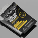 Yrkeskampanj för Logotypen Gym Photo Black & Gult Flygblad<br><div class="desc">Befordra dina träningsklasser eller träningsstudion med den här moderna Gym Flyer-designen med foto och anpassningsbar. Med en fetstilt design för svart och gult med plats för ett foto, din logotyp, märkre eller rubrik och tjänster, samt ett kampanjmärke för att lägga till en speciell rabatt eller ett erbjudande. Du kan redigera...</div>