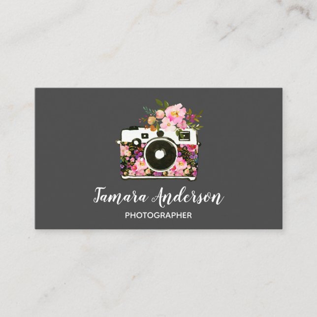 Yrkesmässiga rosa blom- kamerafotografgrått visitkort (Framsida)