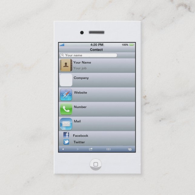 Yrkesmässigt kort för anpassadevitiPhone (Framsida)