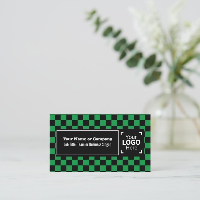 Yrsel Grönt / Svart utcheckad egen text, QR, Logot Visitkort (Stående Fram)