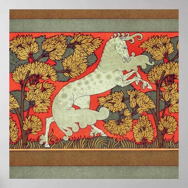 YRVILD VIT HÄST, TRÄD I SKOGSMARK Art Nouveau  Poster (Framsidan)