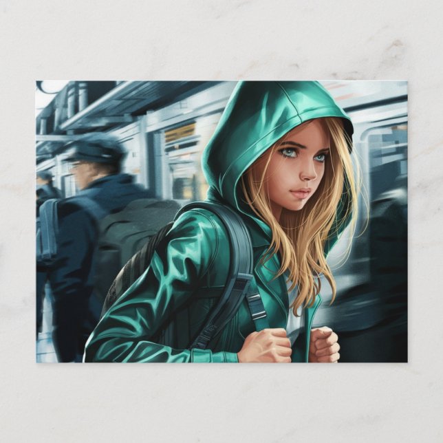 Ytkort för illustration av unga resenärer vykort (Framsida)