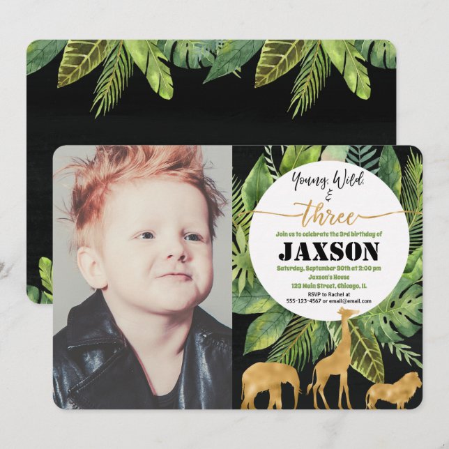 Ytlig vild och fotoinbjudan med tre pojkar inbjudningar (Fram/baksida)