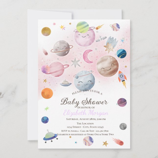 Yttersta rymden galaxplaneter Baby Shower Inbjudningar (Framsida)