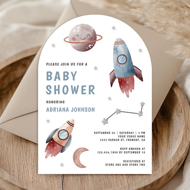 Yttersta rymdplaneter raketbåge baby shower inbjudningar (Skapare uppladdad)