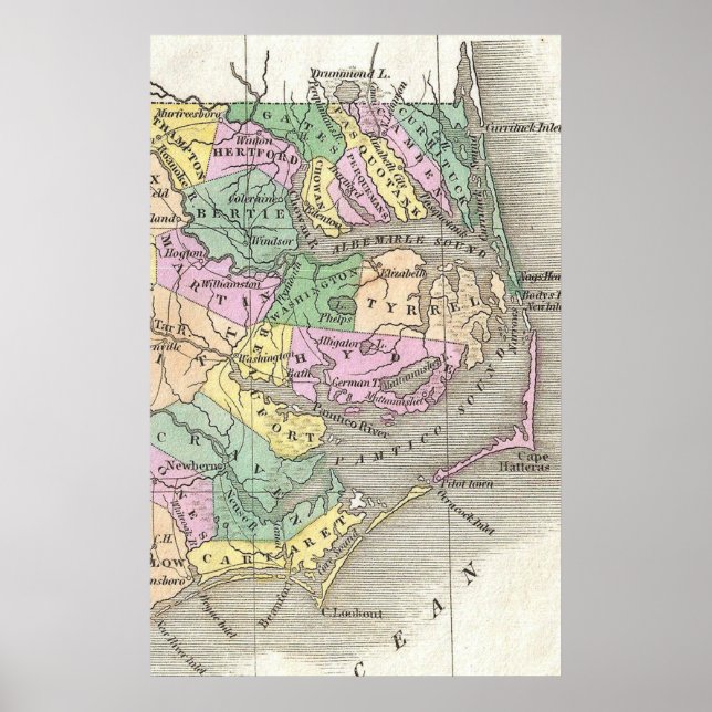 Yttre Banker och Östra North Carolina Karta (1827) Poster (Framsidan)