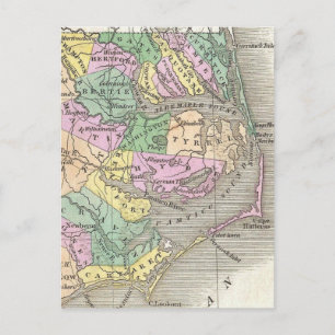 Yttre Banker och Östra North Carolina Karta (1827) Vykort