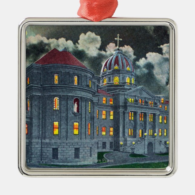 Yttre beskåda av den heliga namnakademin Bldg på Julgransprydnad Metall (Framsidan)