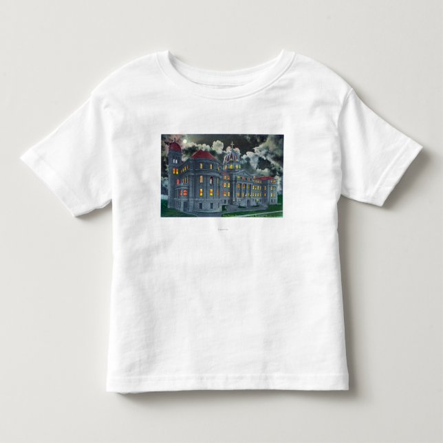 Yttre beskåda av den heliga namnakademin Bldg på Tee Shirt (Framsida)