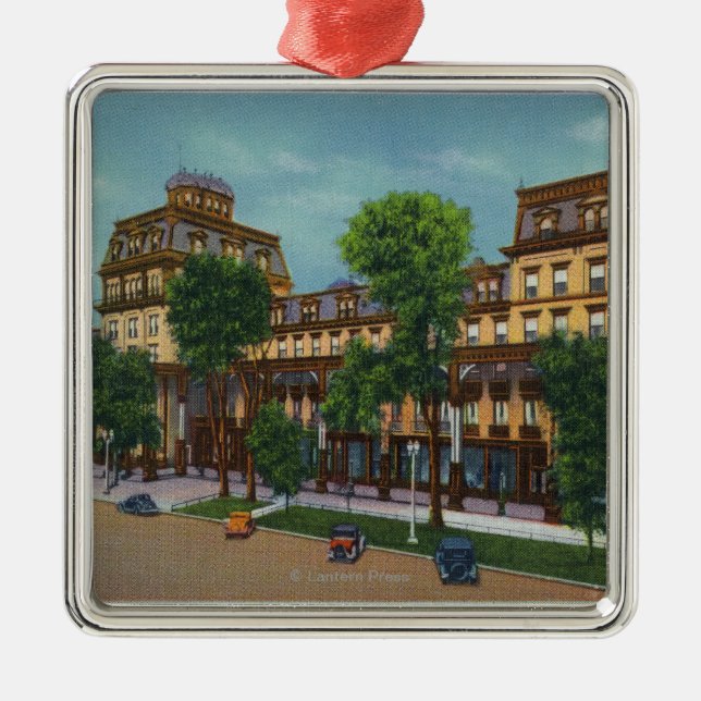 Yttre beskåda av det storslagna fackliga hotellet julgransprydnad metall (Framsidan)