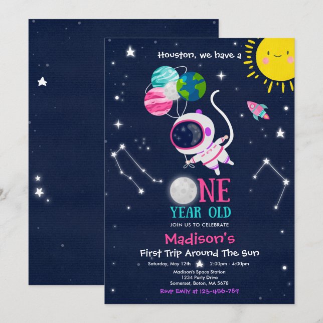 Yttre rymden 1-års födelsedagsfest astronautraket inbjudningar (Fram/baksida)
