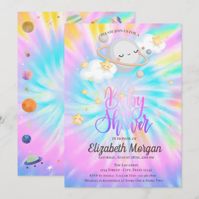 Yttre rymden Stjärnor Planet Tie Dye Bebis-badkar Inbjudningar (Fram/baksida)