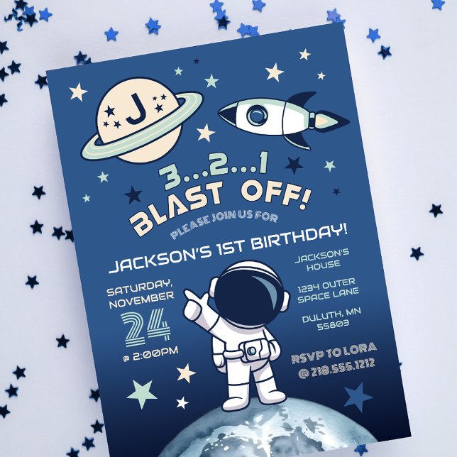 Yttre rymden Utanför denna världen 1-årsdag Inbjudningar (Outer Space Out of this World 1st Birthday Invitation)