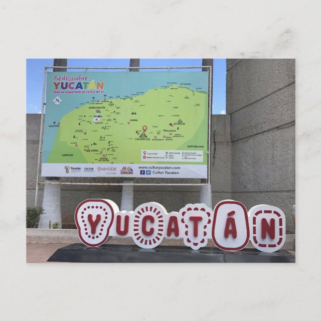 Yucatan Sign och Karta, mexikanska vykort (Framsida)