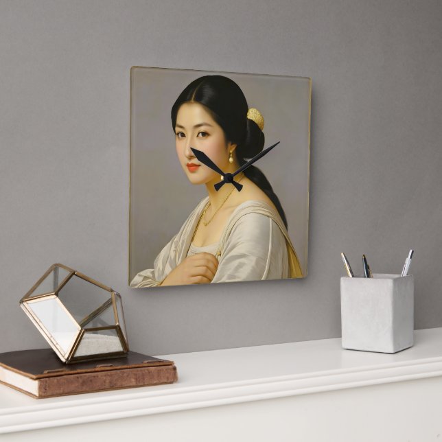 "Yuki Mori" Fine Art Womans Porträtt Fyrkantig Klocka (Kontor)