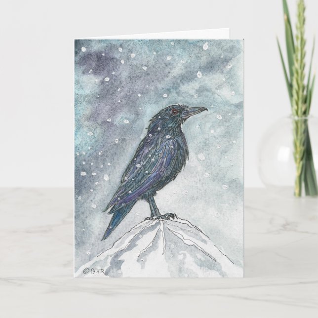 Yule Raven in Snö Card - reviderad Helgkort (Framsida)