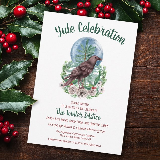 Yule Raven Winter Blommigt Full Moon Solstice Inbjudningar (Skapare uppladdad)