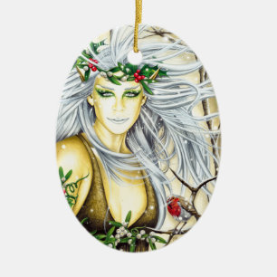 Yule snögudinna julgransprydnad keramik